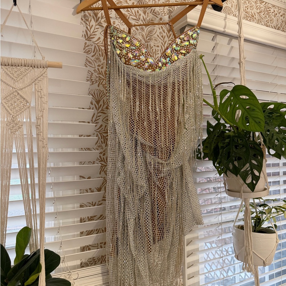 Beaded Fringe Latin ballroom Dress with Iridescent Accents